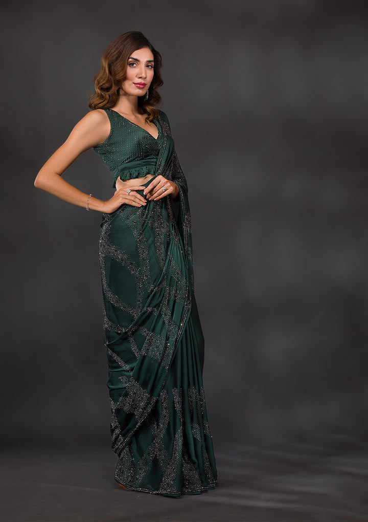 Bottle Green Stone Work Semi Crepe Designer Saree