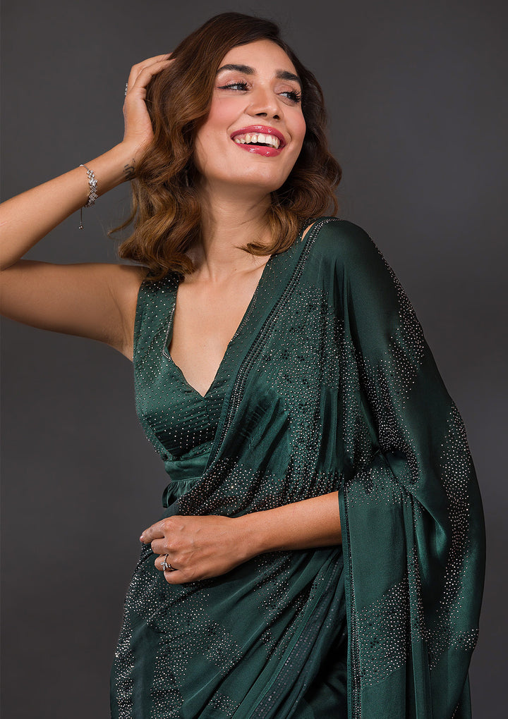 Bottle Green Stone Work Semi Crepe Designer Saree
