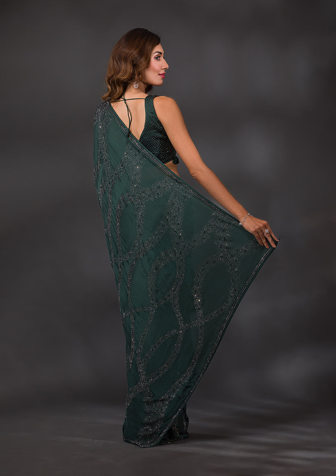 Bottle Green Stone Work Semi Crepe Designer Saree