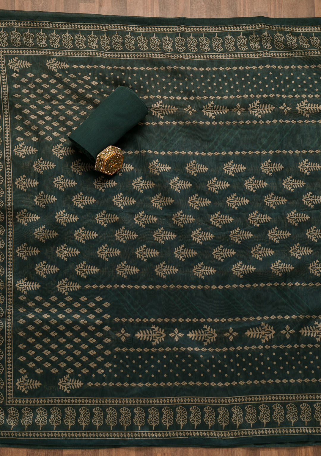 Bottle Green Threadwork Chanderi Unstitched Salwar Suit
