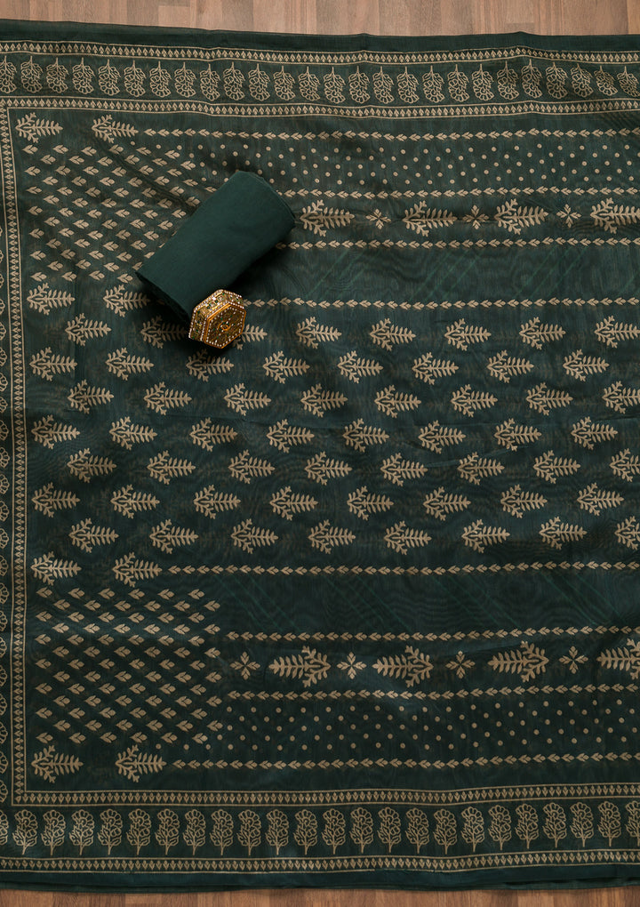Bottle Green Threadwork Chanderi Unstitched Salwar Suit