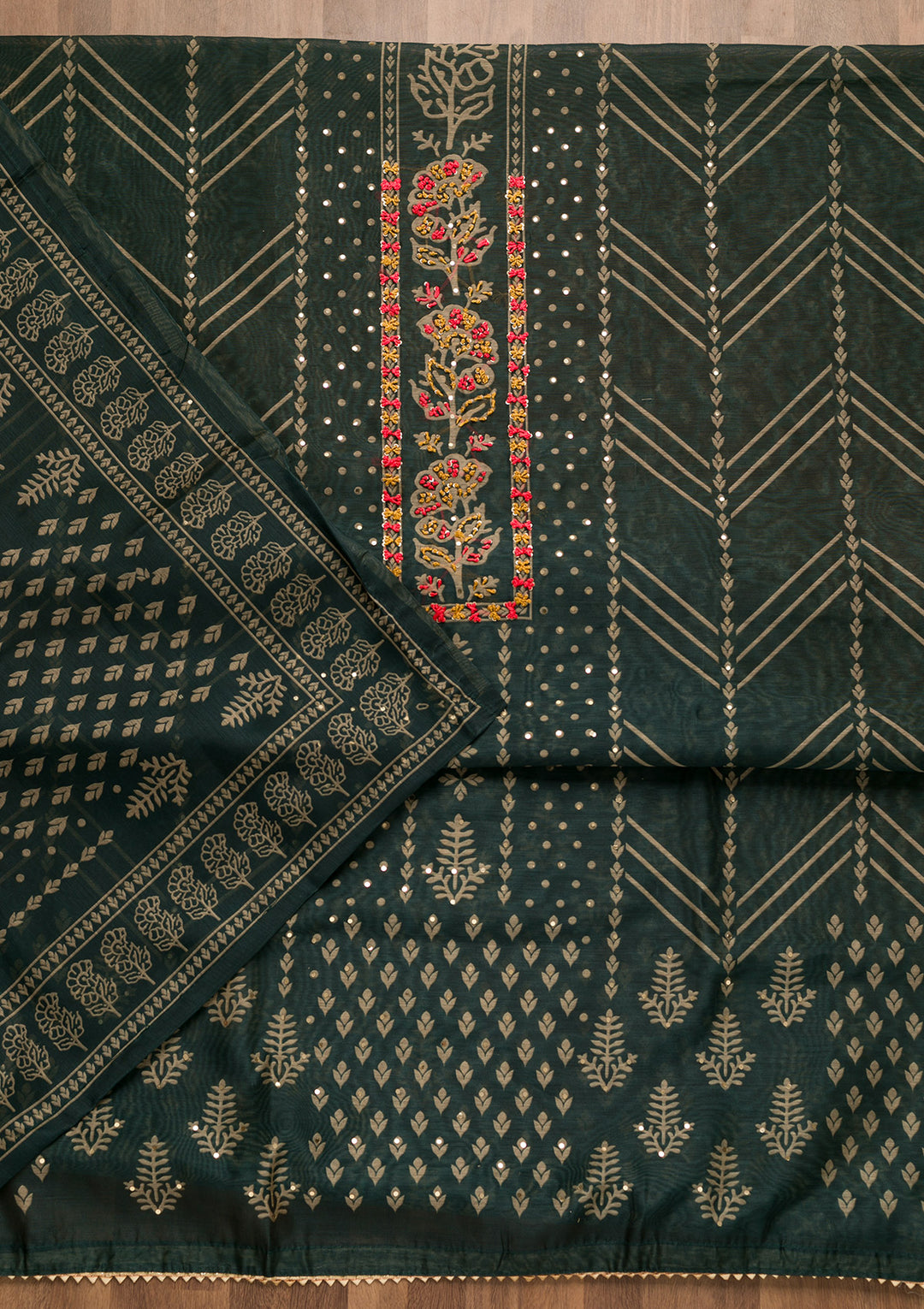 Bottle Green Threadwork Chanderi Unstitched Salwar Suit