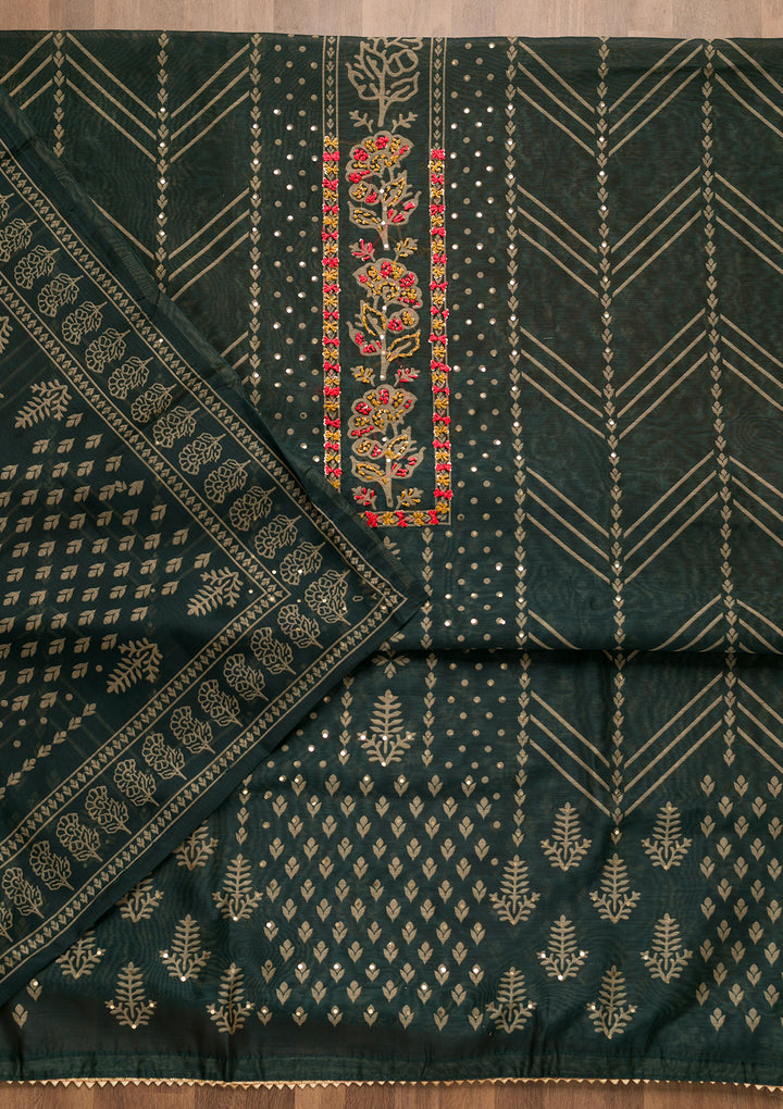 Bottle Green Threadwork Chanderi Unstitched Salwar Suit