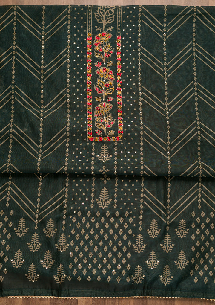 Bottle Green Threadwork Chanderi Unstitched Salwar Suit