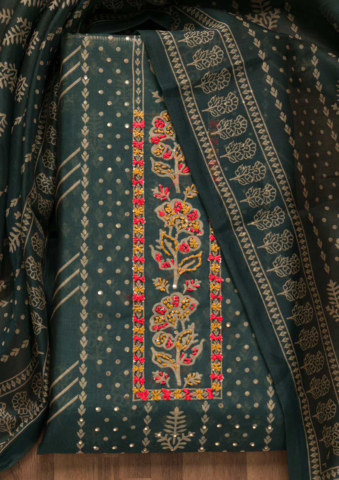 Bottle Green Threadwork Chanderi Unstitched Salwar Suit