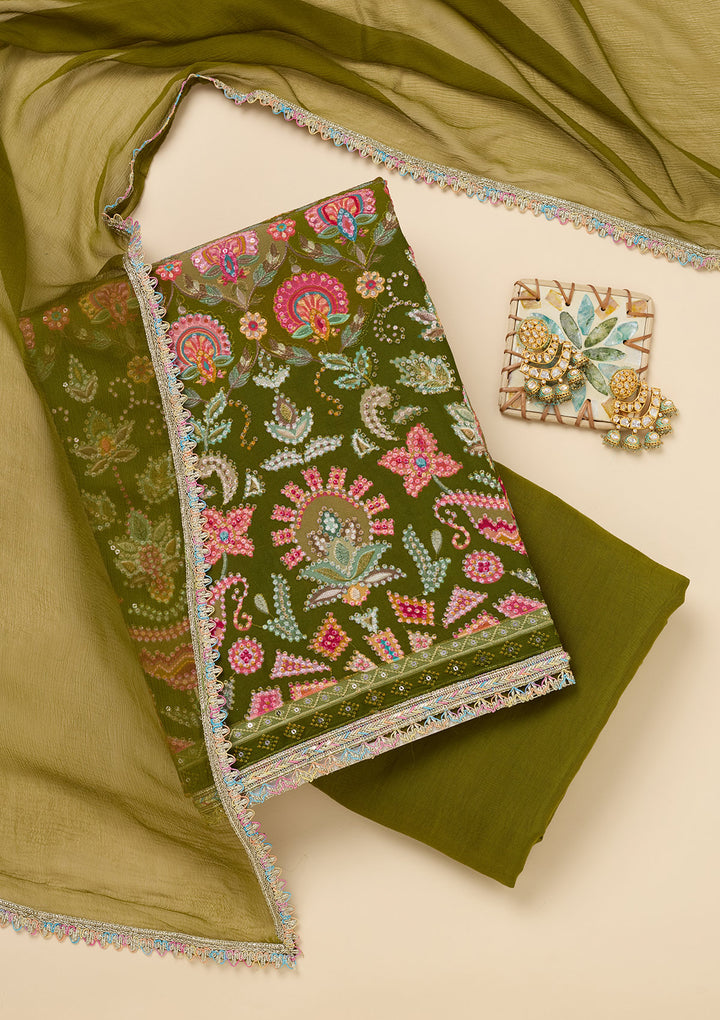 Parrot Green Threadwork Georgette Unstitched Salwar Suit