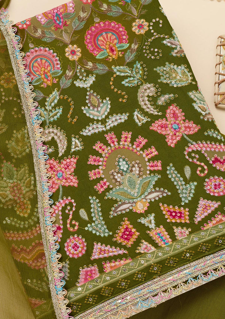 Parrot Green Threadwork Georgette Unstitched Salwar Suit