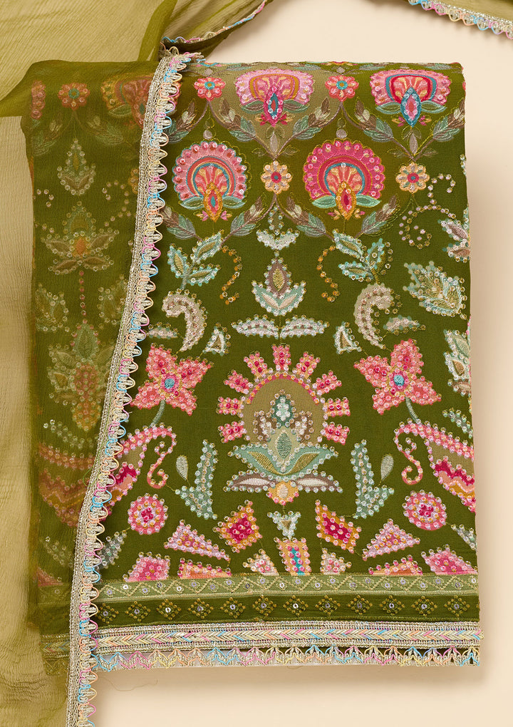 Parrot Green Threadwork Georgette Unstitched Salwar Suit