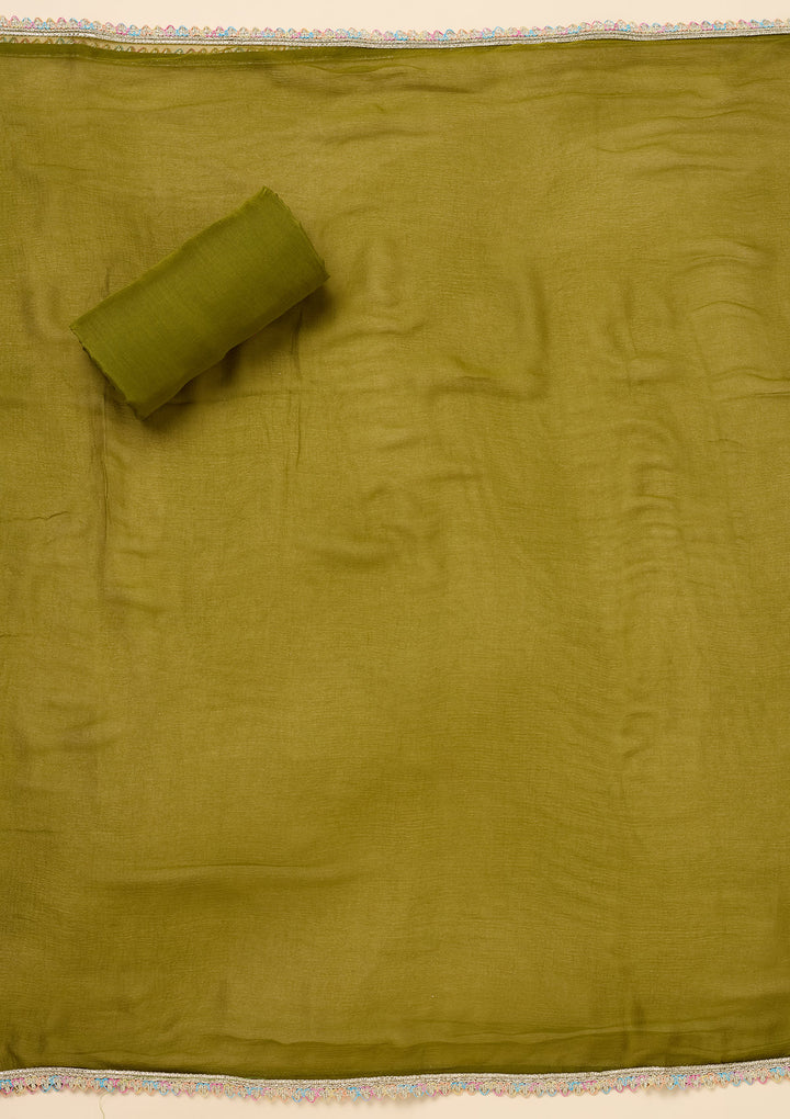 Parrot Green Threadwork Georgette Unstitched Salwar Suit