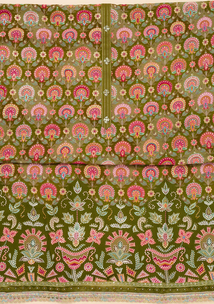 Parrot Green Threadwork Georgette Unstitched Salwar Suit