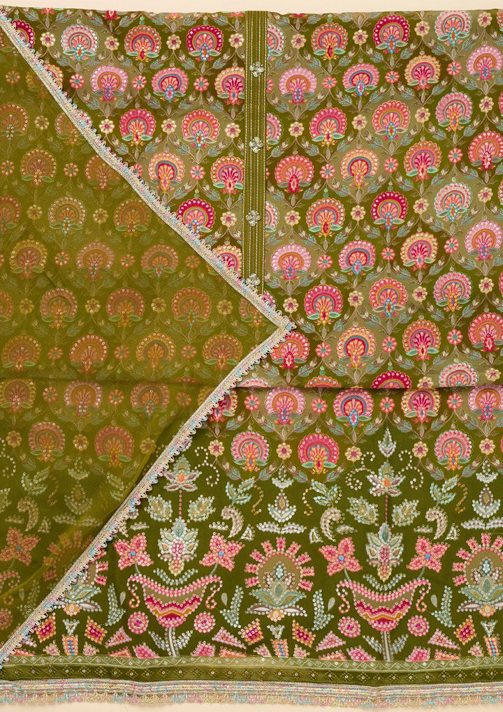 Parrot Green Threadwork Georgette Unstitched Salwar Suit