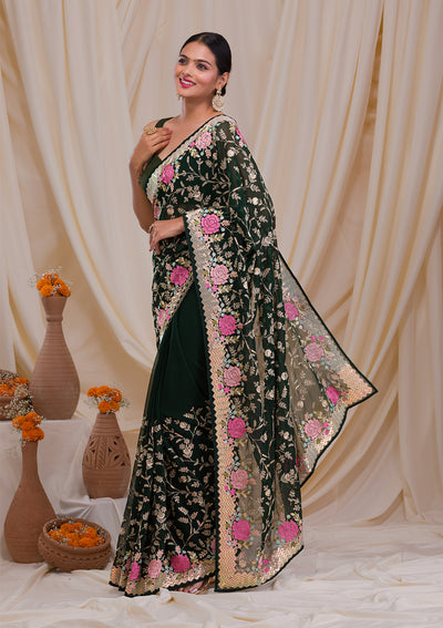 Bottle Green Threadwork Georgette Saree-Koskii