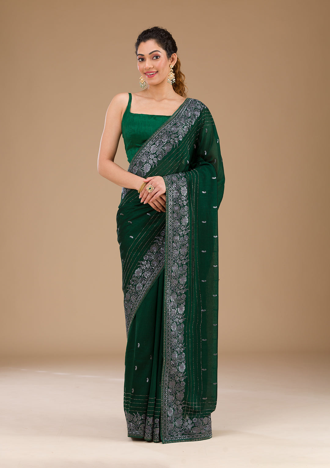 Bottle Green Threadwork Georgette Saree-Koskii