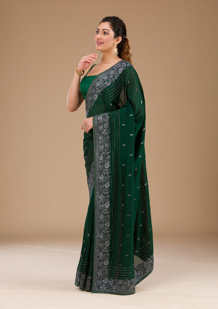 Bottle Green Threadwork Georgette Saree-Koskii