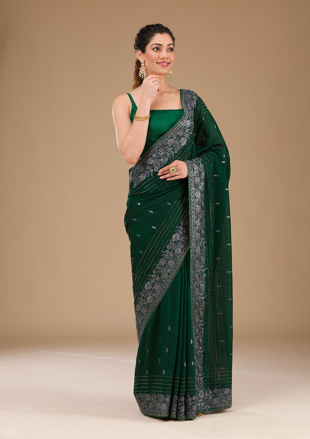 Bottle Green Threadwork Georgette Saree-Koskii