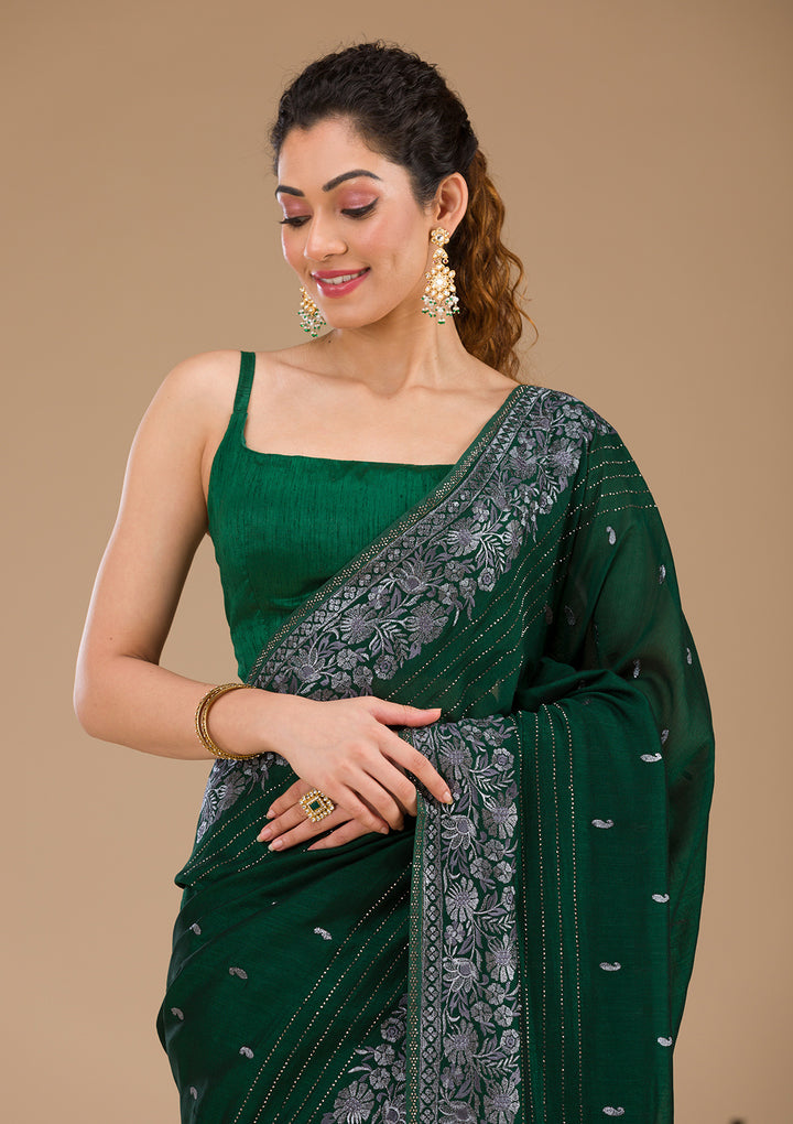 Bottle Green Threadwork Georgette Saree-Koskii