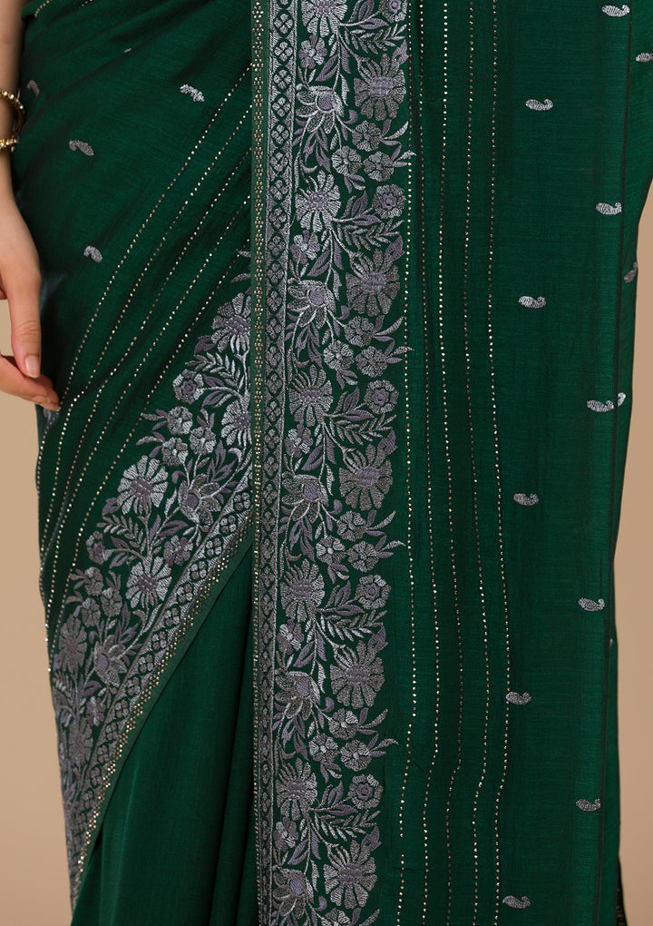 Bottle Green Threadwork Georgette Saree-Koskii