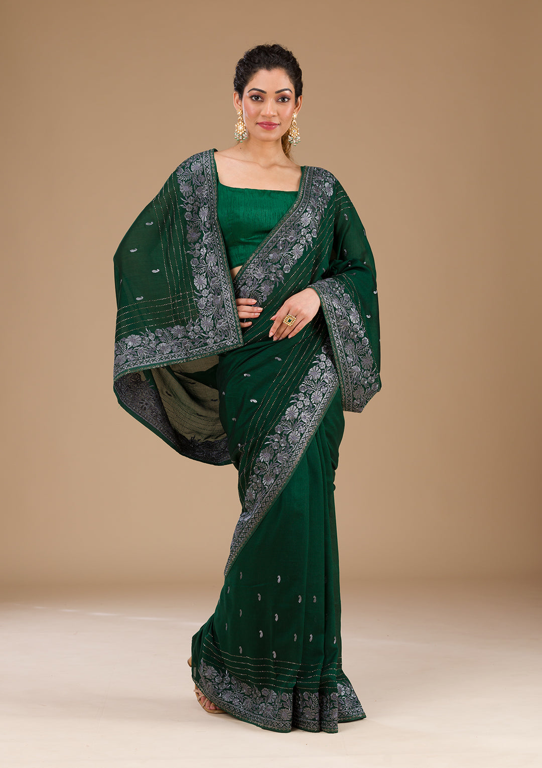 Bottle Green Threadwork Georgette Saree-Koskii