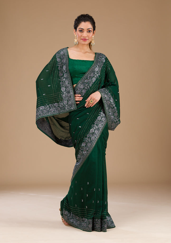Bottle Green Threadwork Georgette Saree-Koskii