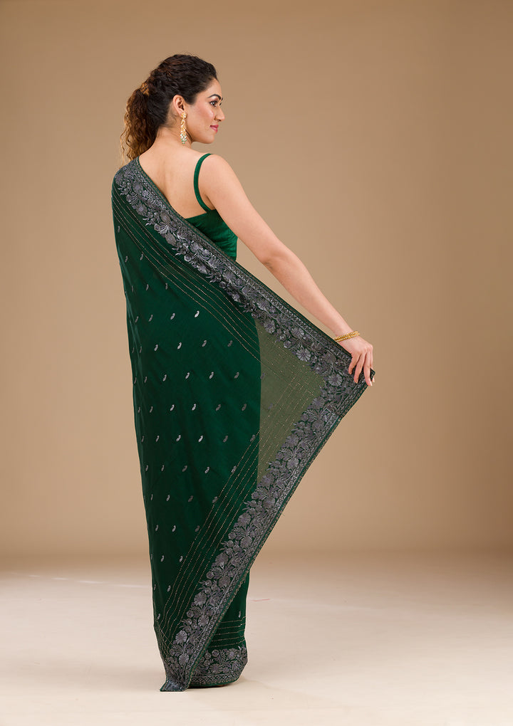 Bottle Green Threadwork Georgette Saree-Koskii