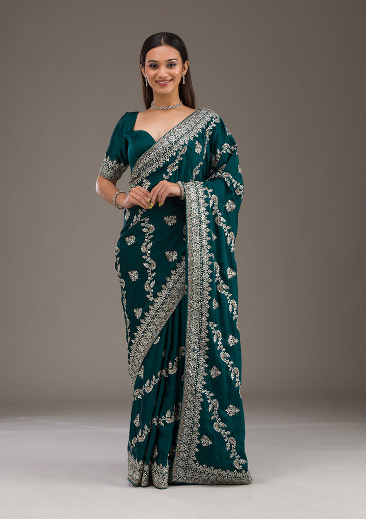 Bottle Green Threadwork Satin Saree