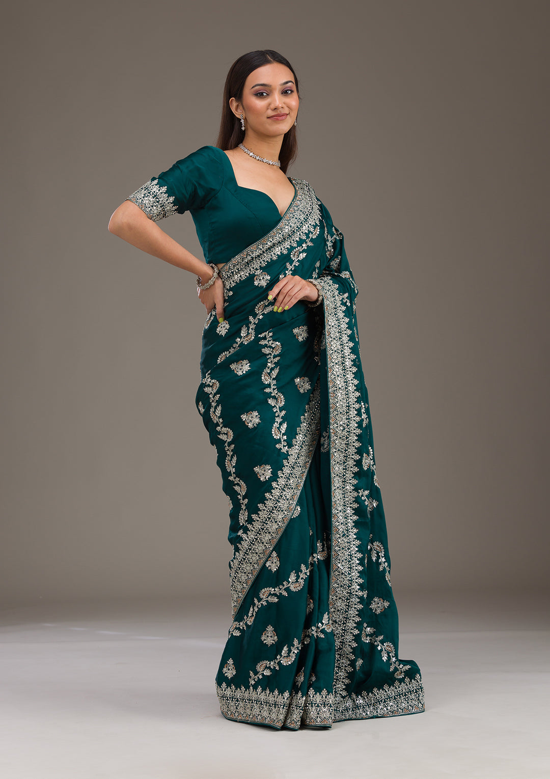 Bottle Green Threadwork Satin Saree