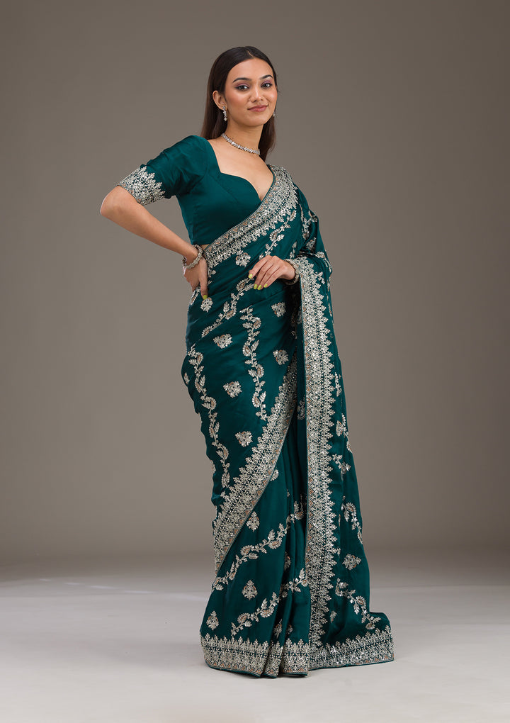 Bottle Green Threadwork Satin Saree