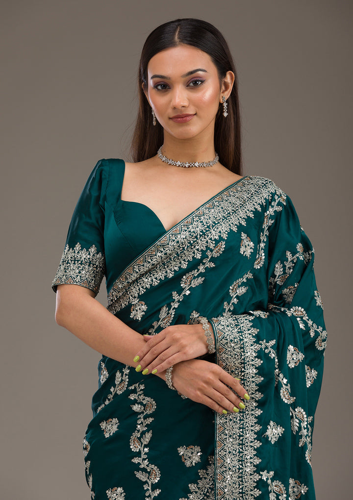 Bottle Green Threadwork Satin Saree