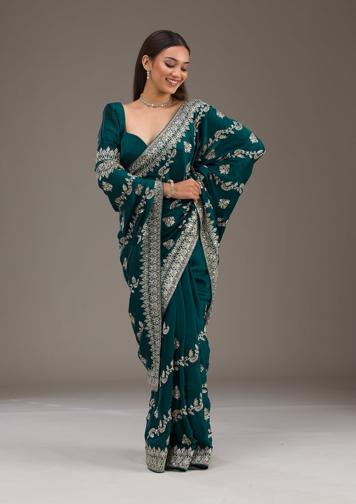 Bottle Green Threadwork Satin Saree