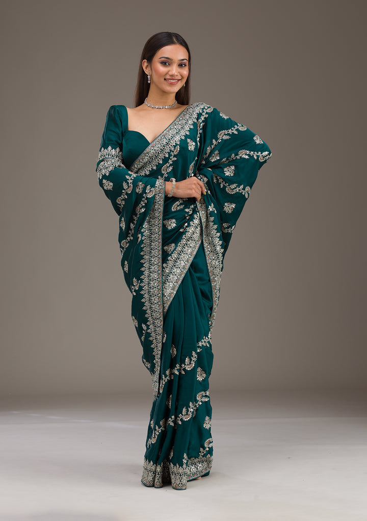 Bottle Green Threadwork Satin Saree