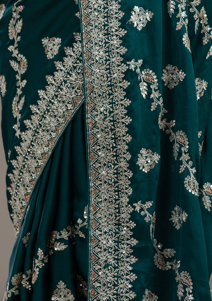 Bottle Green Threadwork Satin Saree