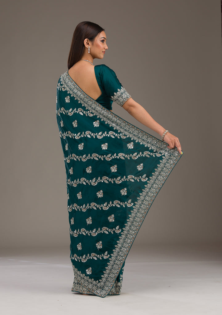 Bottle Green Threadwork Satin Saree