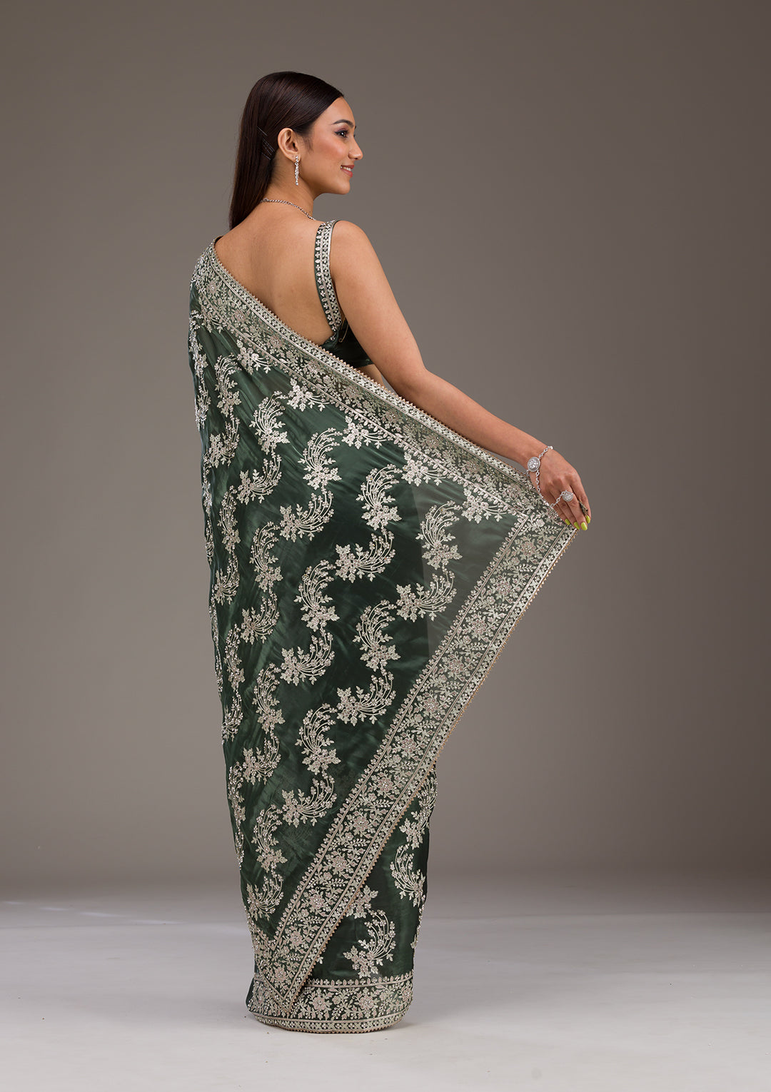 Bottle Green Threadwork Tissue Saree