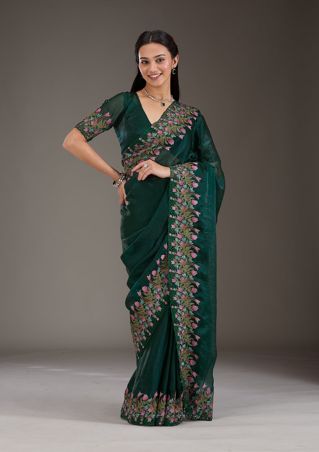 Bottle Green Threadwork Tissue Saree