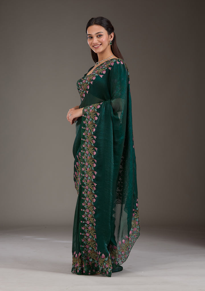 Bottle Green Threadwork Tissue Saree