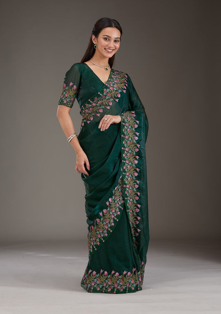 Bottle Green Threadwork Tissue Saree