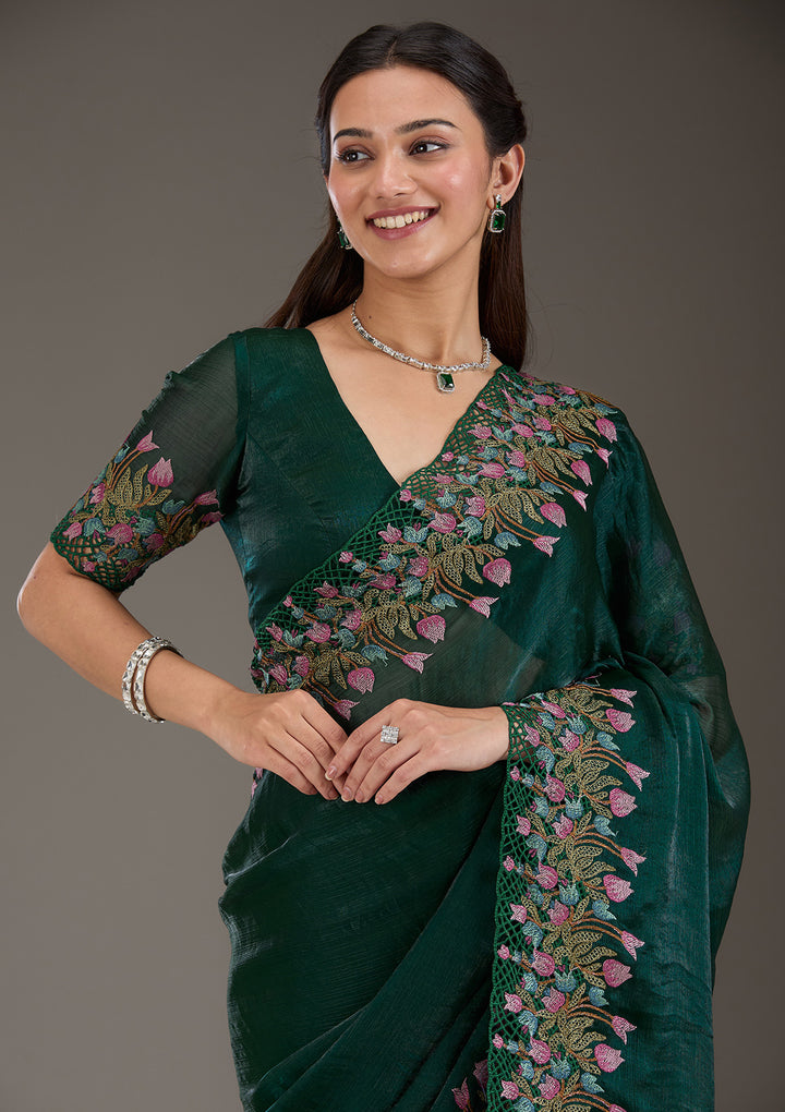 Bottle Green Threadwork Tissue Saree