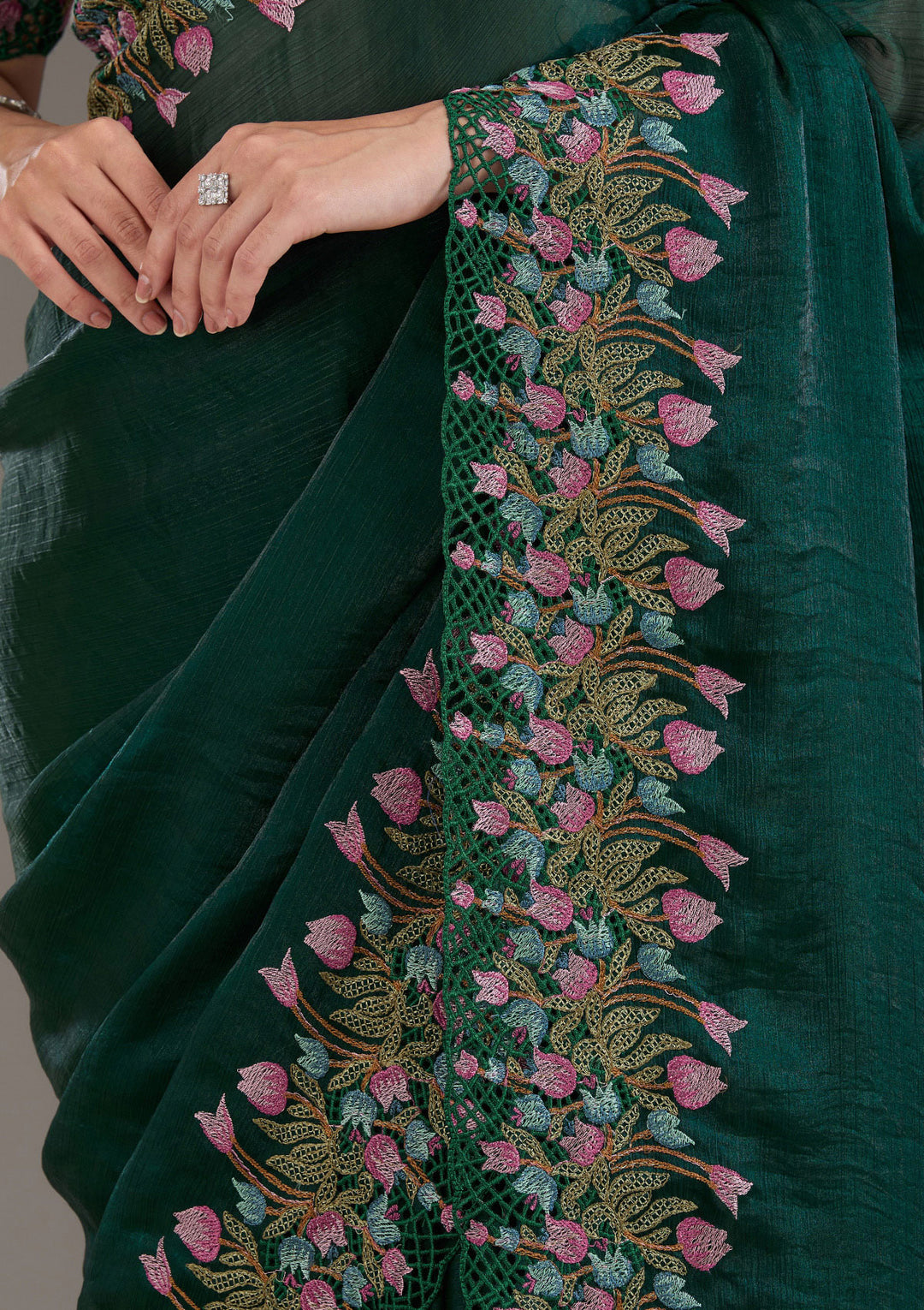 Bottle Green Threadwork Tissue Saree
