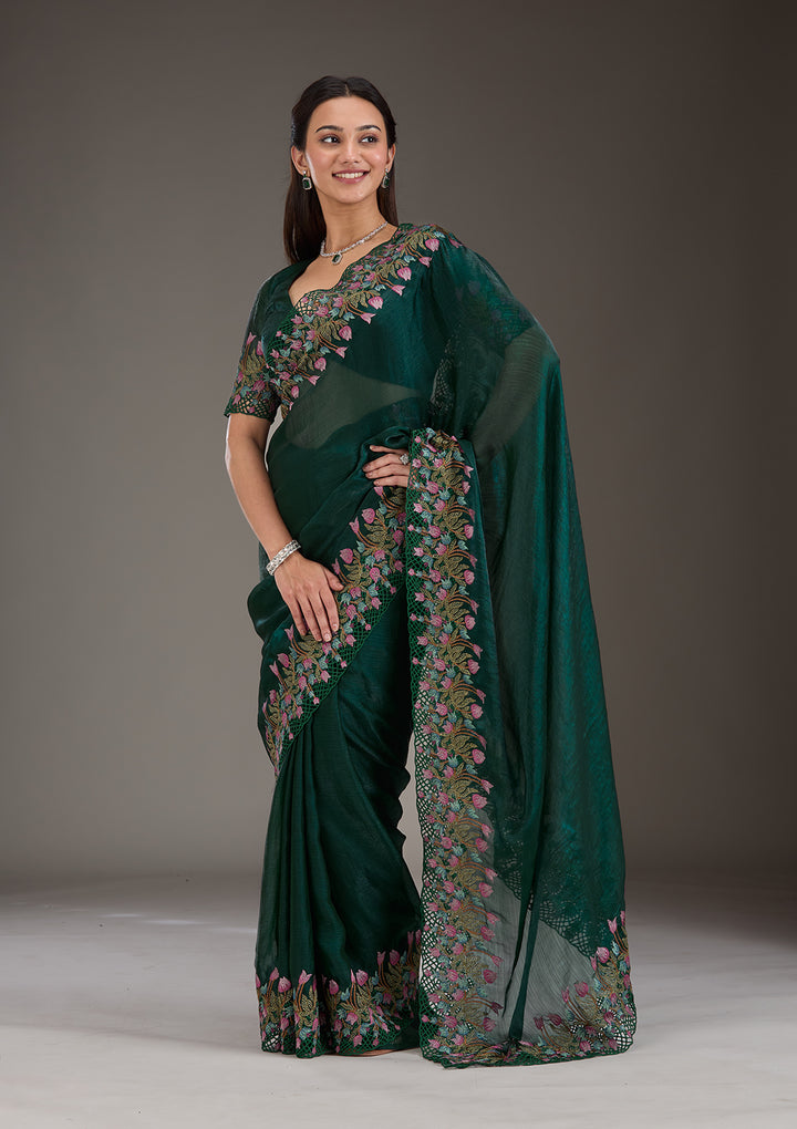 Bottle Green Threadwork Tissue Saree