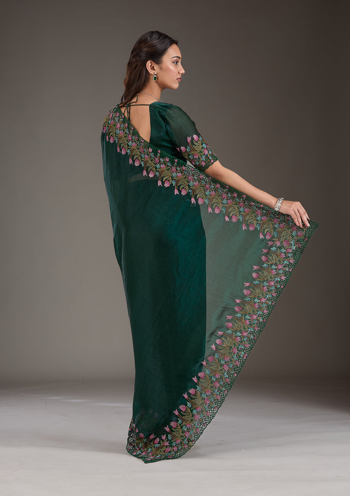 Bottle Green Threadwork Tissue Saree