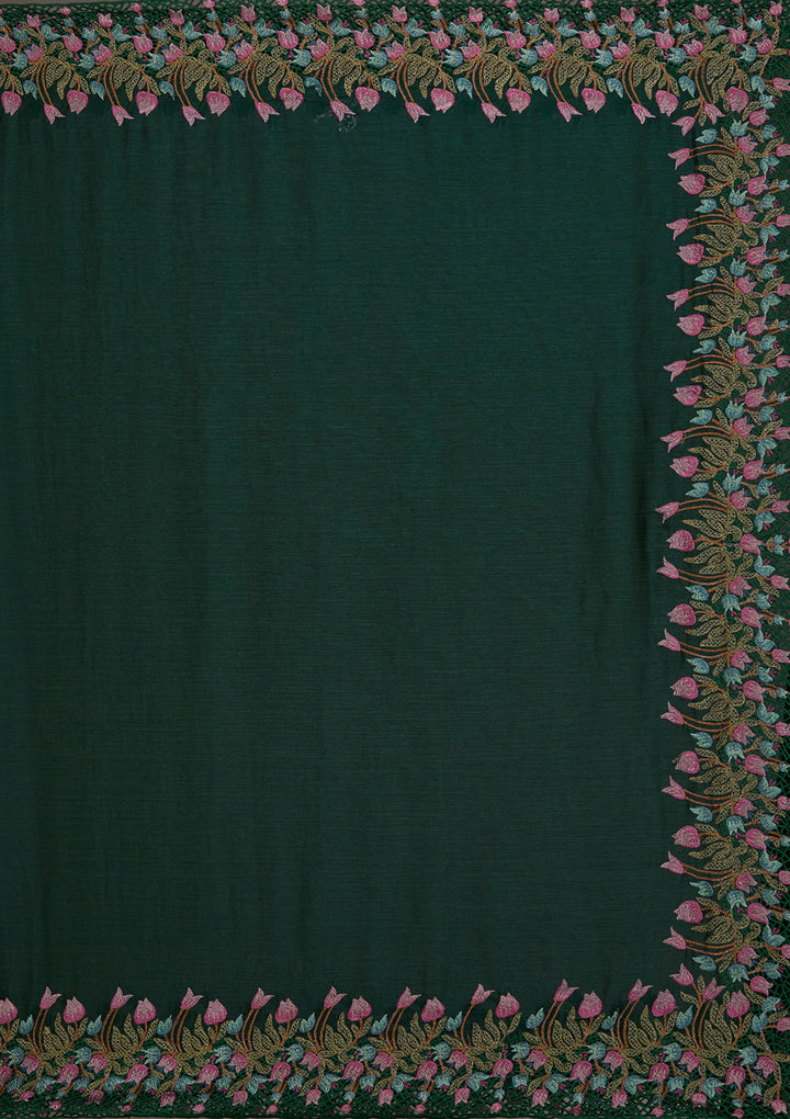 Bottle Green Threadwork Tissue Saree