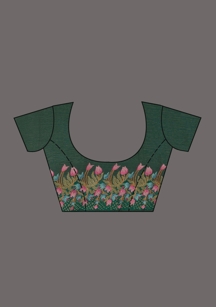 Bottle Green Threadwork Tissue Saree