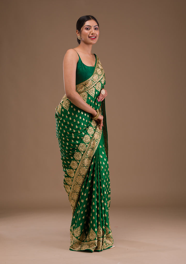 Bottle Green Zardosi Crepe Saree