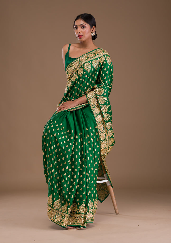 Bottle Green Zardosi Crepe Saree