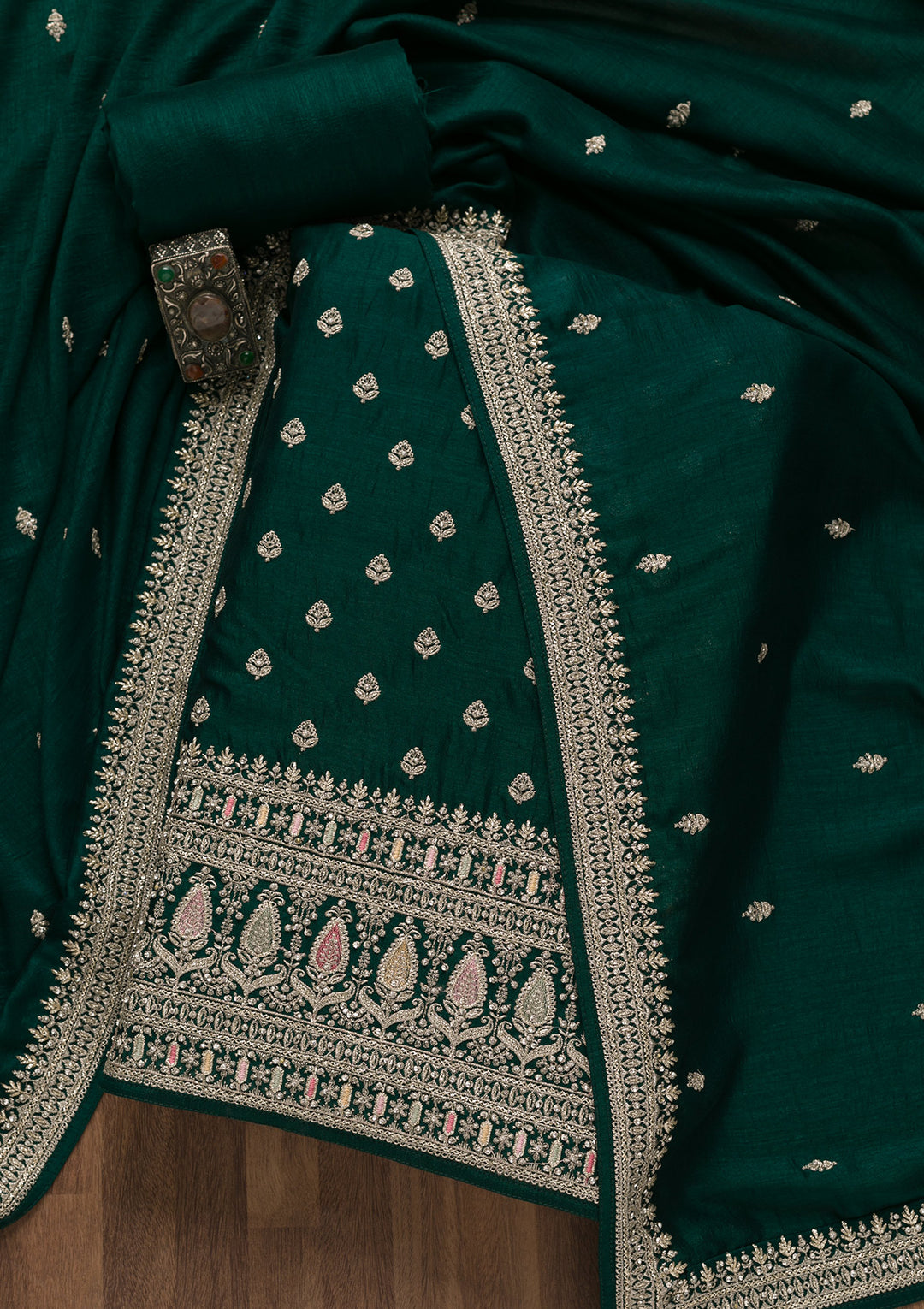 Bottle Green Zariwork Art Silk Unstitched Salwar Suit