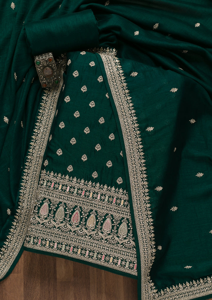 Bottle Green Zariwork Art Silk Unstitched Salwar Suit