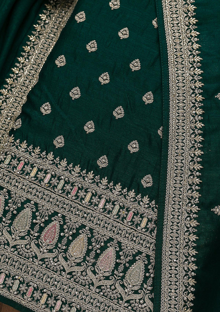 Bottle Green Zariwork Art Silk Unstitched Salwar Suit