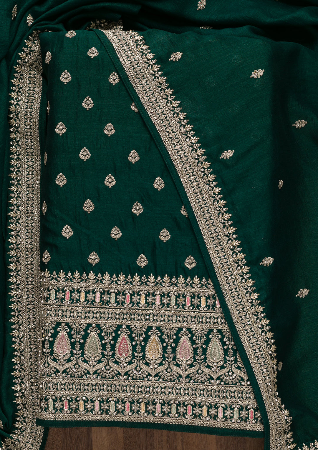 Bottle Green Zariwork Art Silk Unstitched Salwar Suit