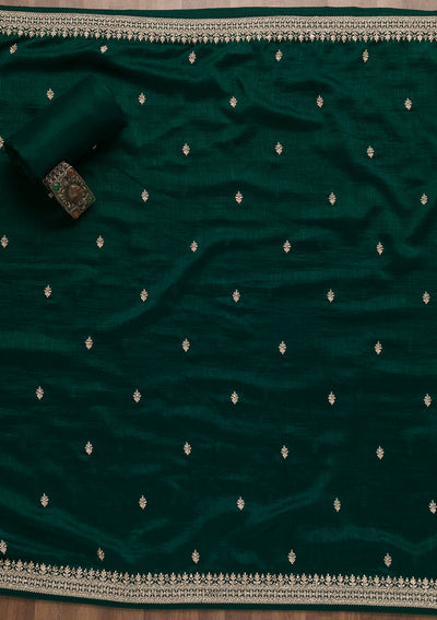 Bottle Green Zariwork Art Silk Unstitched Salwar Suit