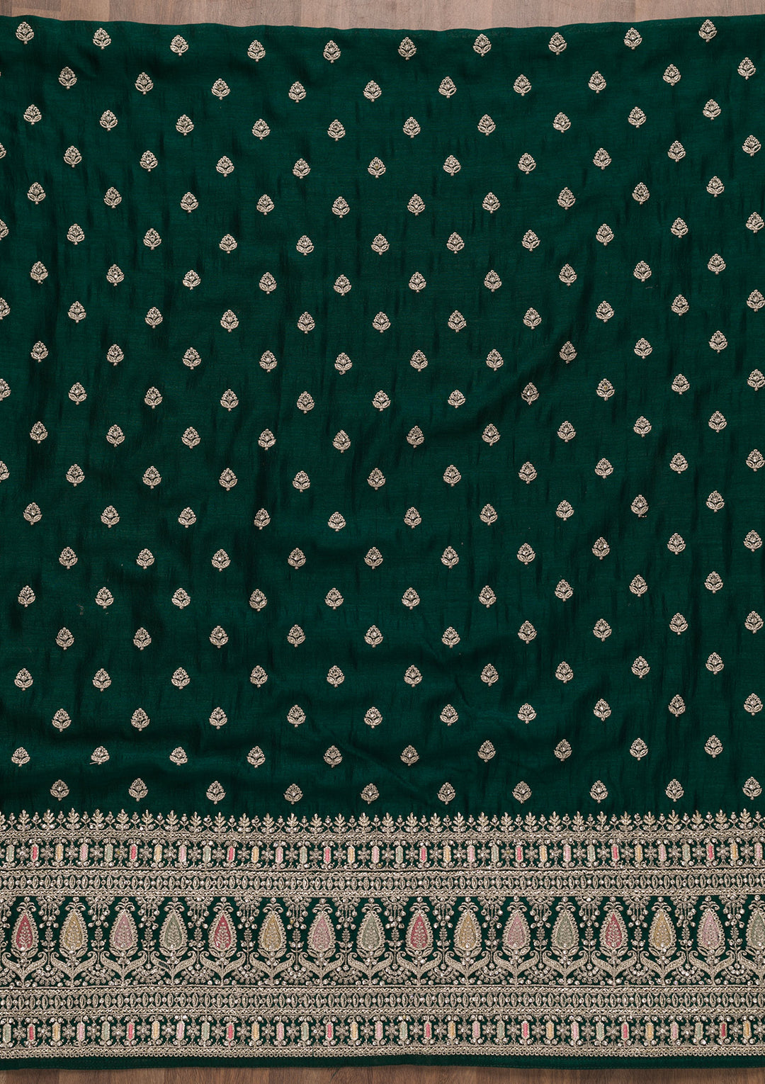 Bottle Green Zariwork Art Silk Unstitched Salwar Suit